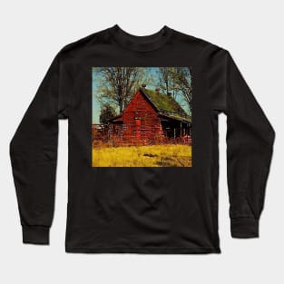 Watercolor Autumn landscape Primitive western country red barn Long Sleeve T-Shirt